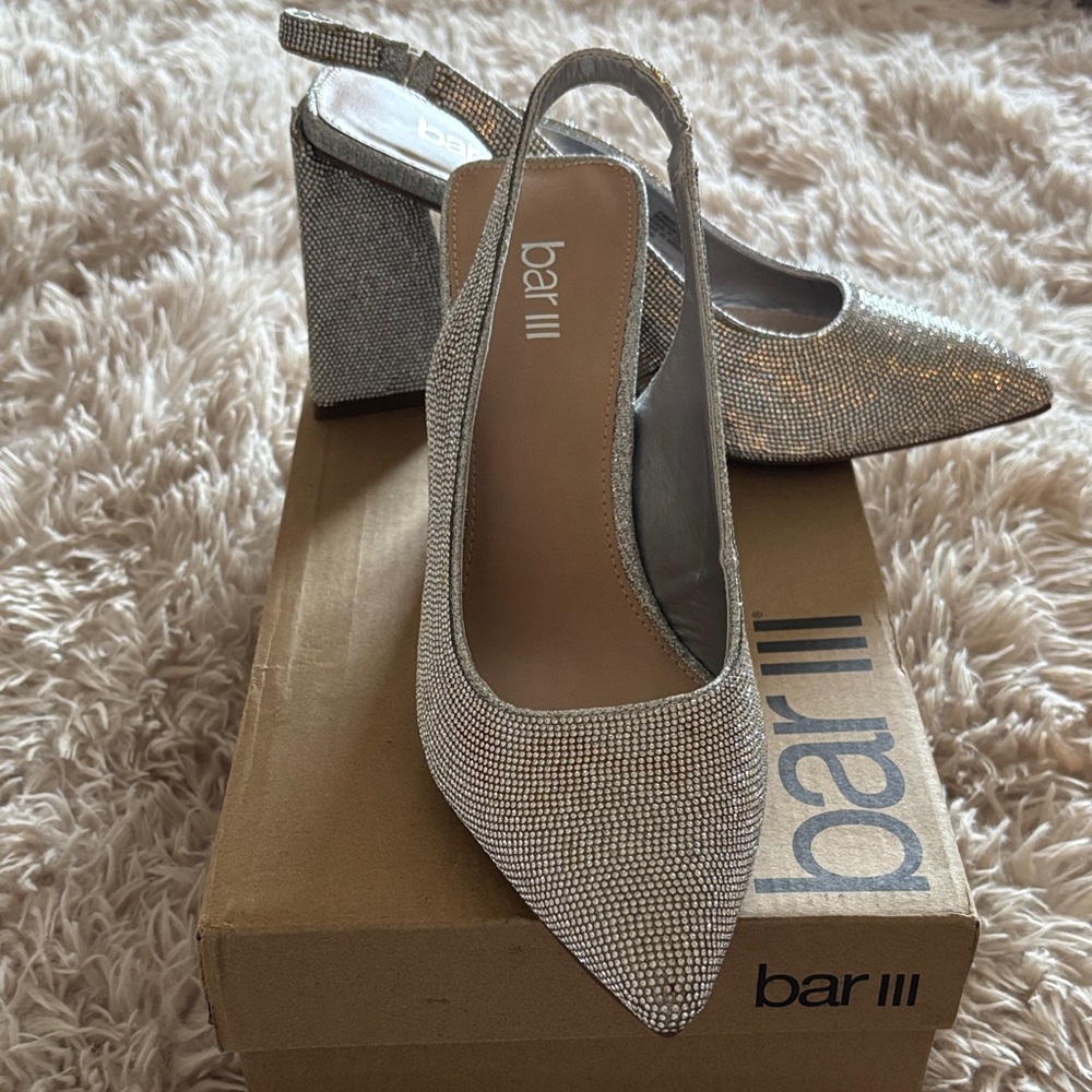 Bar III Sparkling Silver Crystal Slingback Heels